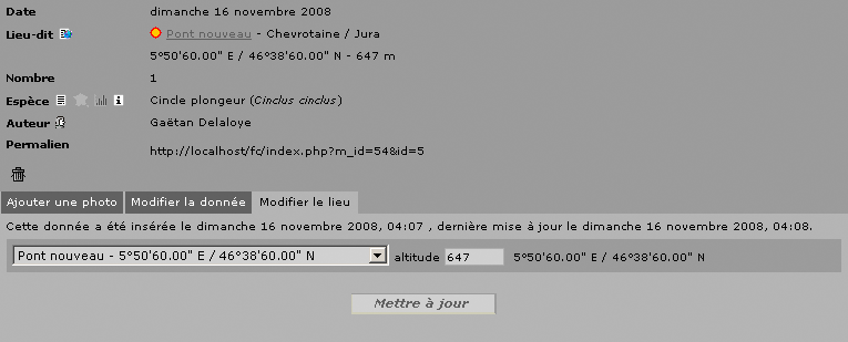 Interface de modification de la localisation d'une donnée sans carte zoomable