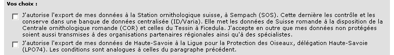 Exemple de choix d'export sur le site ornitho.ch