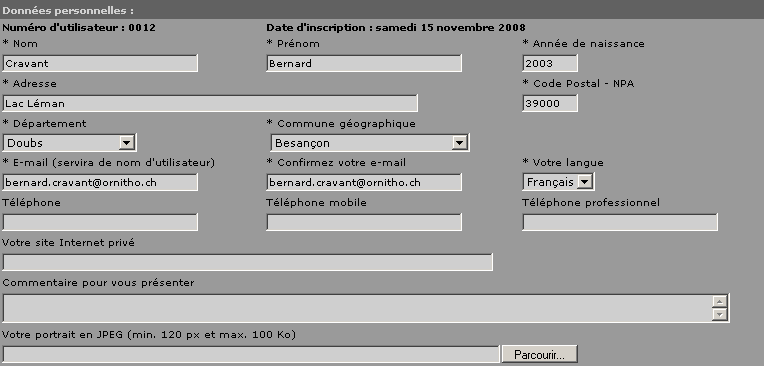 Formulaire de modification des données personnelles