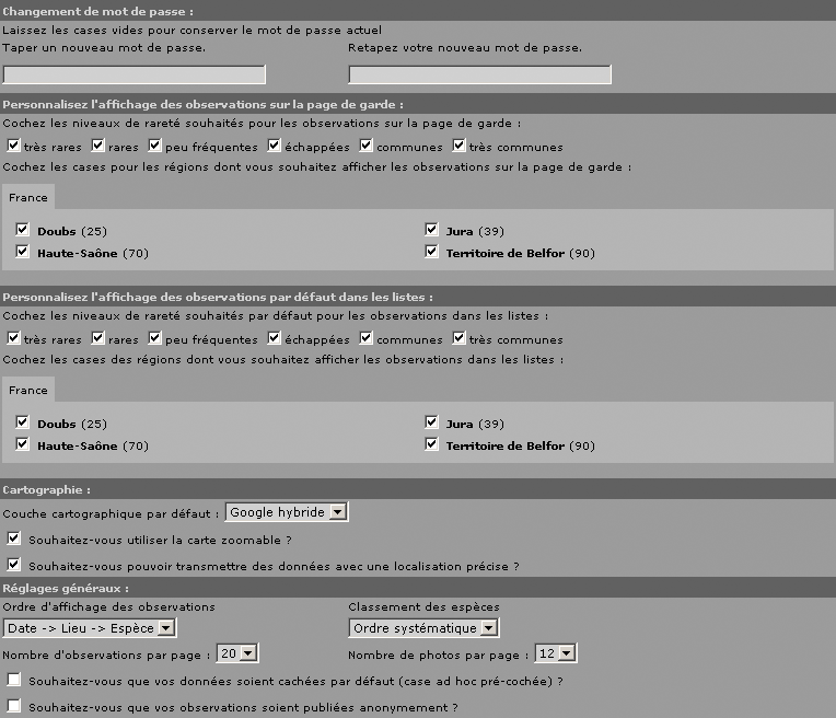 Formulaire de personnsalisation du site